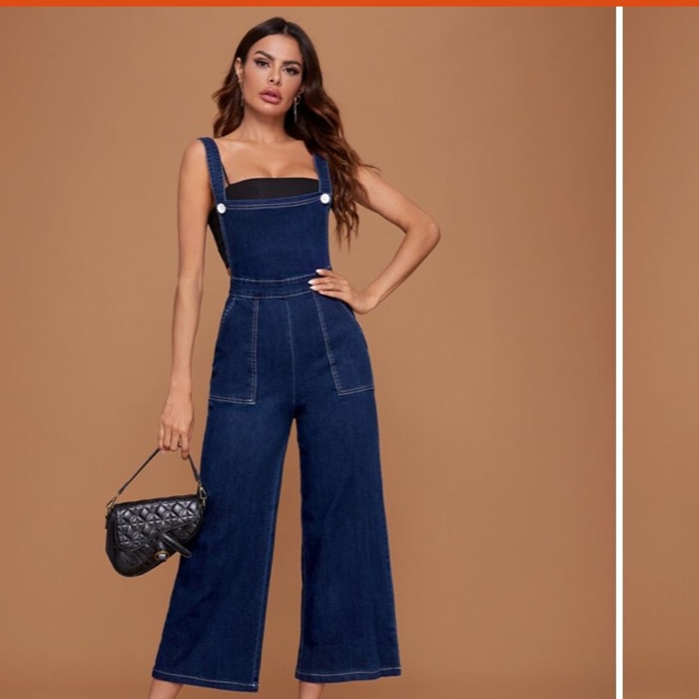 Wide leg denim overalls